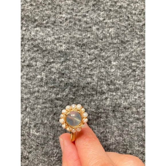 Romantic Aquamarine Pearl Lace Gold-Tone Wire Wrapped Adjustable Open Ring New - Picture 4 of 7